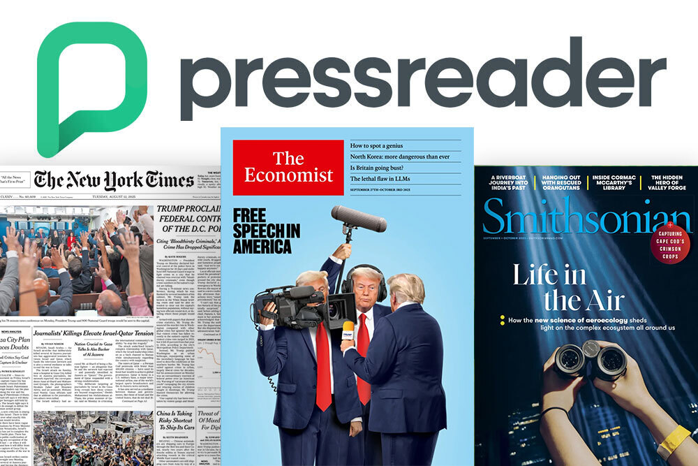 PressReader database showing the New York Times, Economist, and Smithsonian