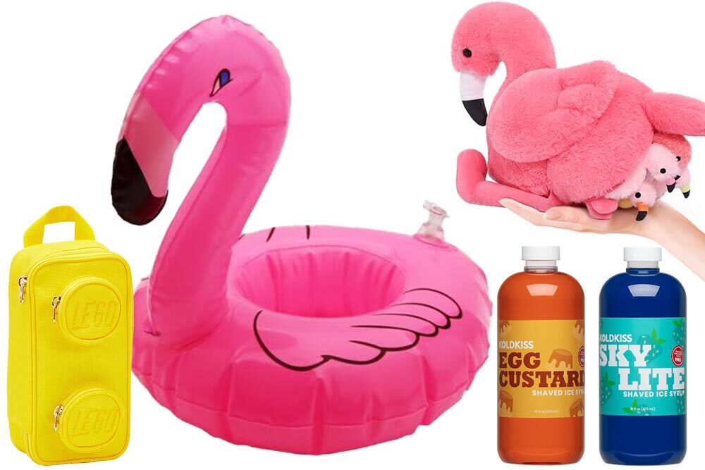 Summer Break Baltimore 2025 sample prizes, showing a flamingo floatie, flamingo plushies, Lego toys, and snoball kit flavors