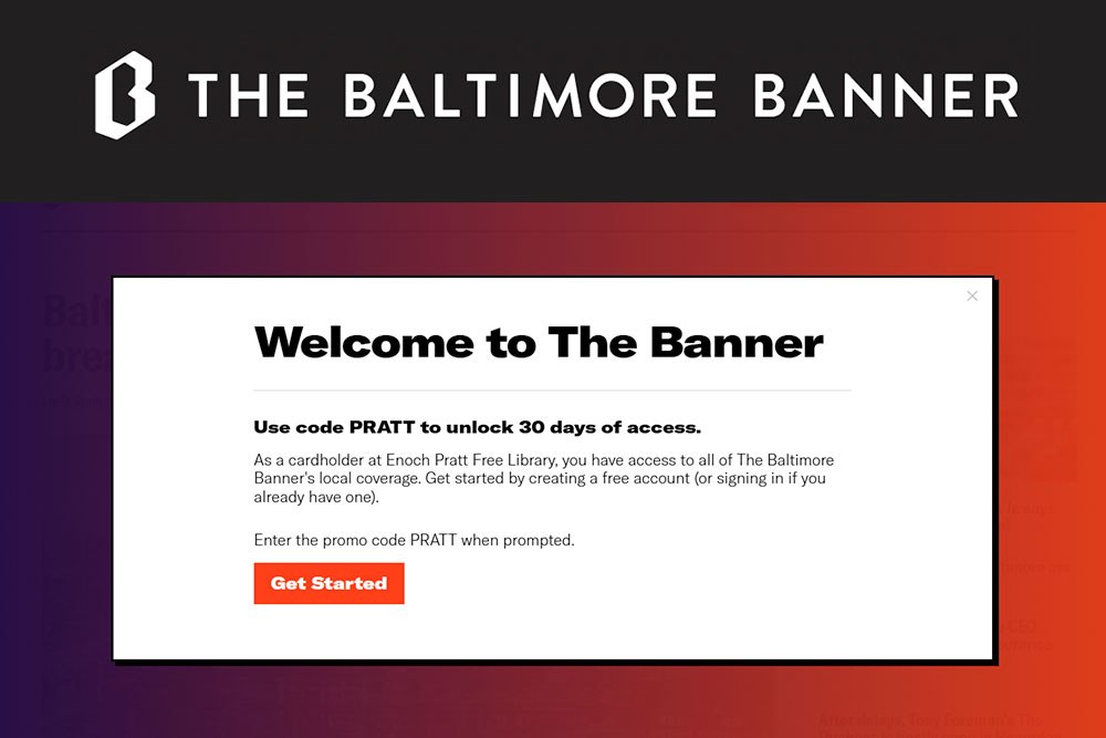 Baltimore Banner newspaper - Banner logo and Pratt Library access pass screen example