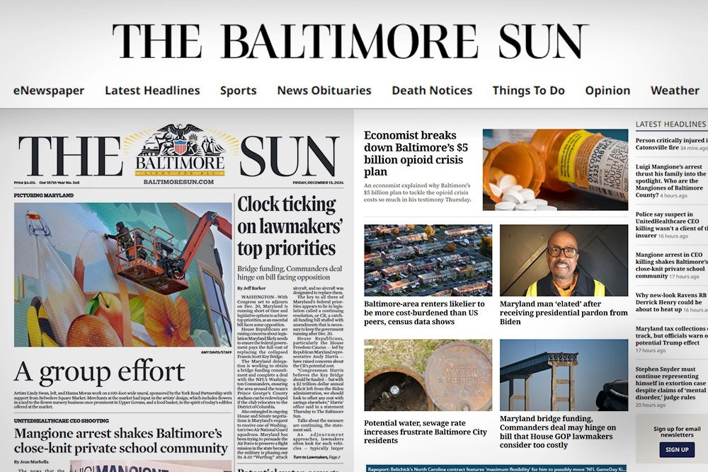 Baltimore Sun newspaper access - web logo and navigation menu above sample Sun pages