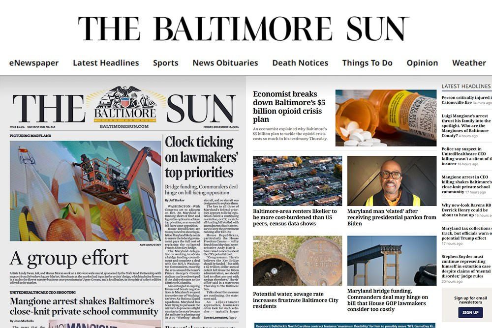 Baltimore Sun - Maryland Newspaper access - web logo and navigation menu above sample Sun pages