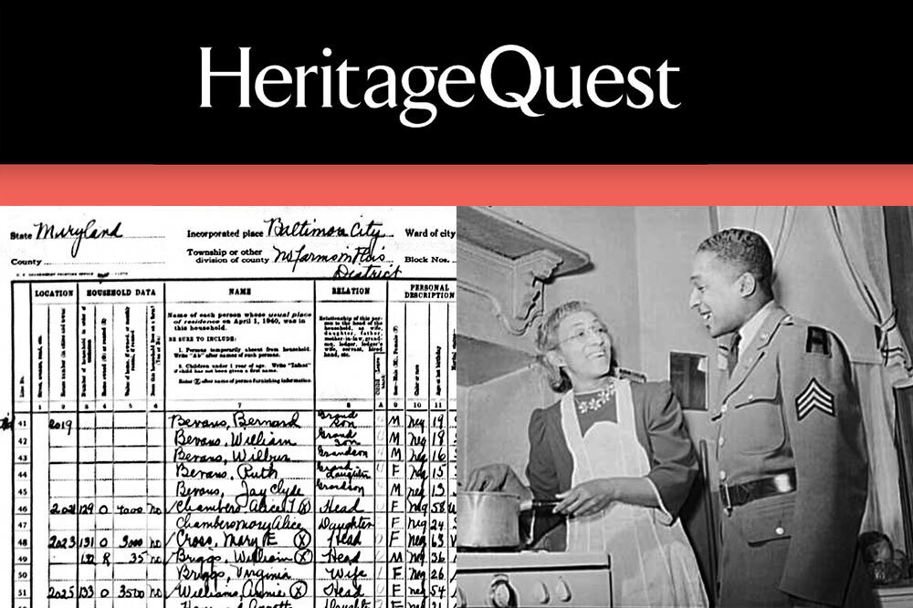 Heritage Quest collage of logo, Baltimore census detail and Library of Congress photo of a Baltimore man and his mother at home