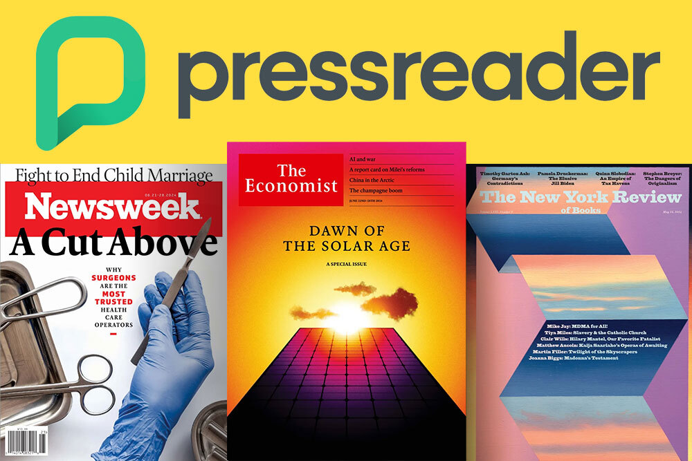 PressReader logo with sample magazines on yellow