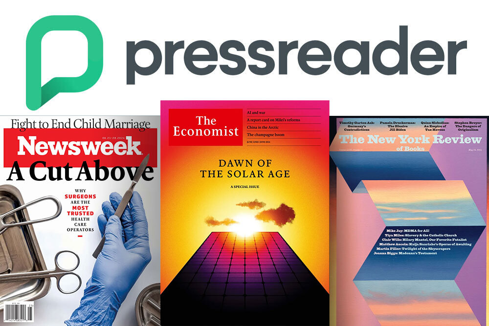 PressReader database showing covers of the New York Review of Books, Economist, and Newsweek