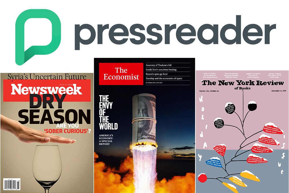 PressReader logo with sample magazines, Newsweek, The Economist, and The News York Review of Books