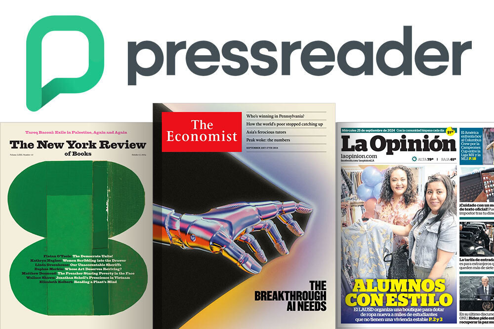 PressReader logo with sample magazines, The News York Review of Books, The Economist, and La Opinion