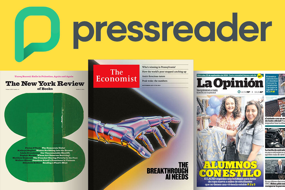 PressReader logo with sample magazines on yellow