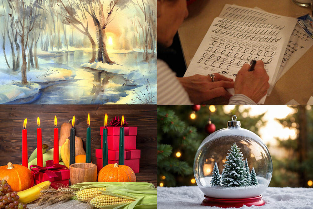 Adults events winter 2024 painting snowglobes Kwanzaa calligraphy