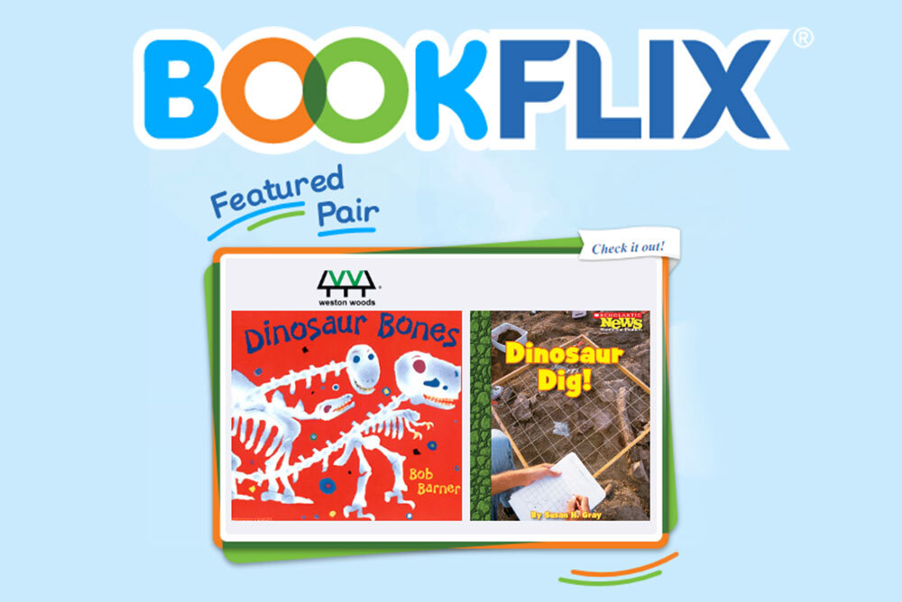 Bookflix logo and featured pair - books about dinosaurs