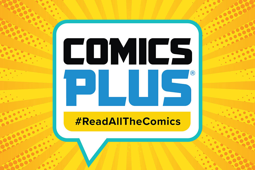 Comics Plus library access - logo and Read All The Comics slogan on a background of yellow dots and lines