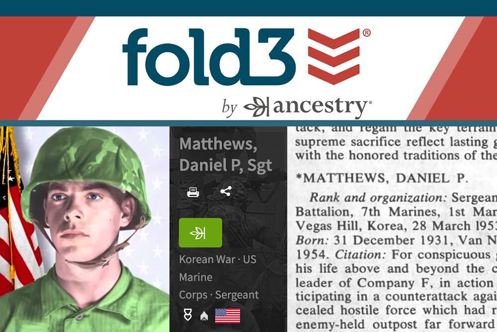 Fold3 Library Edition database - collage with logo, soldier photo, and related data