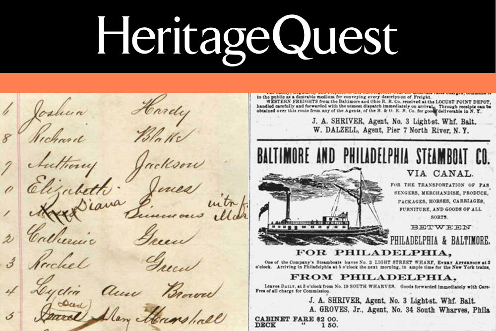 Heritage Quest collage of logo, handwritten names on a bank ledger, and a local steamboat ad