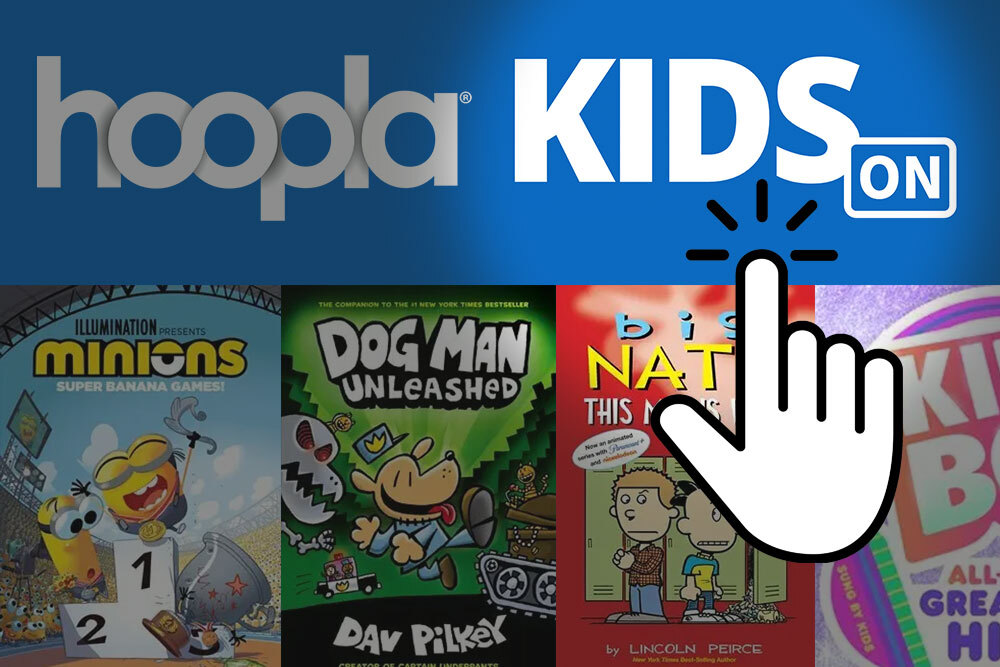 Hoopla Kids mode setting - highlighted hand cursor, sample covers for young children