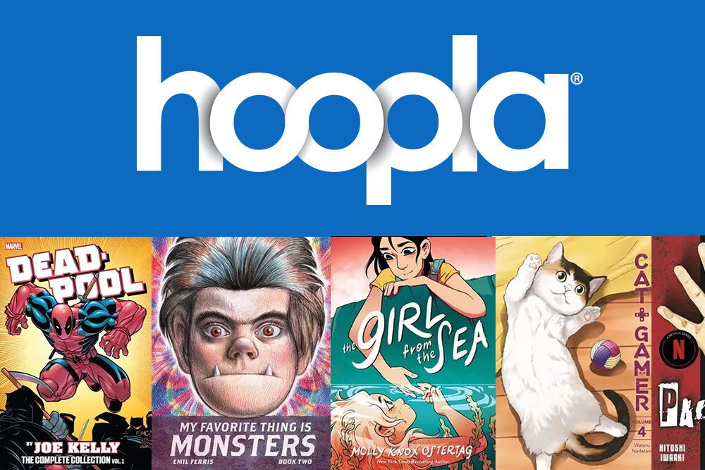 Hoopla comics for teens - logo and sample covers