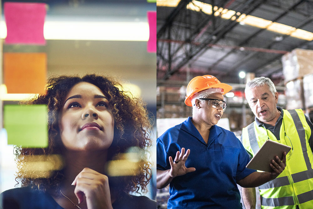 job ands career - woman planning with notes and workers in a warehhouse with a digital tablet, hard hat and safety vest