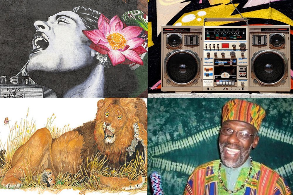 Kids Black History Month events February 2025, showing Billie Holliday, a boom box, Bunjo Butler, and a lion by Jerry Pinkney