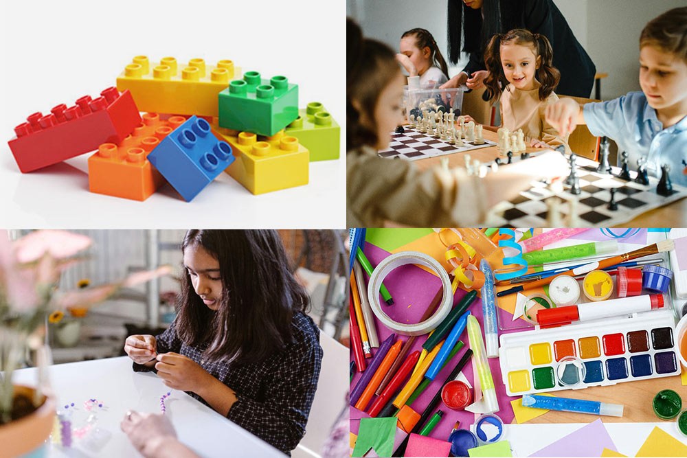 Kids after school events January 2025, showing building blocks, beading, chess, arts and crafts