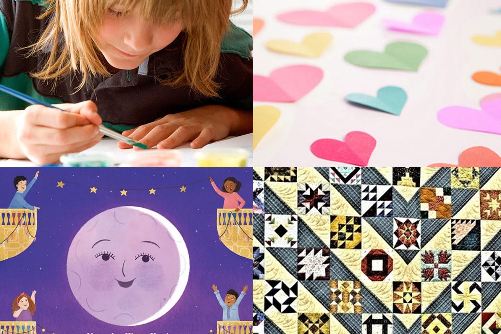 Kids arts and crafts events February 2025, showing art making, hearts for Valentines, a quilt, and Ramadan book for kids