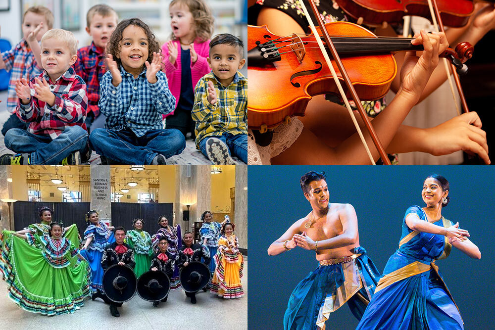 concerts for kids in October - young children clapping and singing, and live performances with violins and international dancers