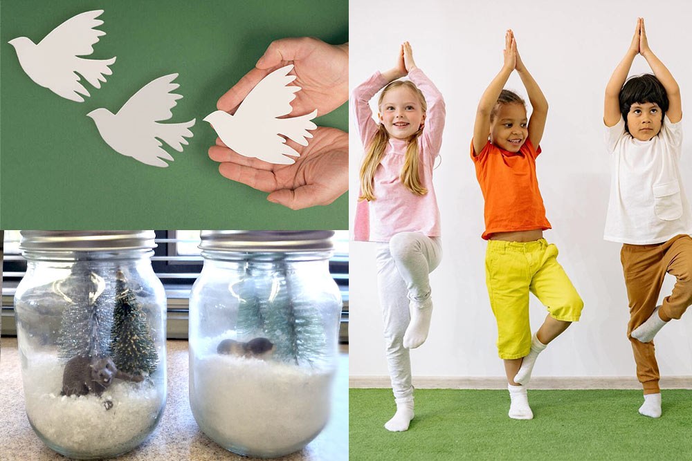 Kids winter events January 2025, showing kids' yoga, snow globe jars, and peace doves