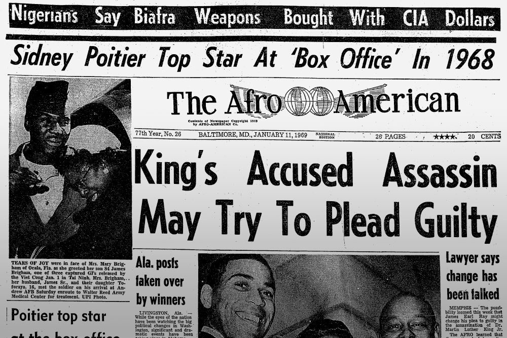 Black Newspaper Archives - Afro American 1969 front page headline, King's Accused Assassin May Try To Plead Guilty