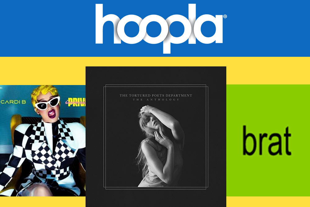 Hoopla music for teens - Hoopla logo and sample music album covers on yellow