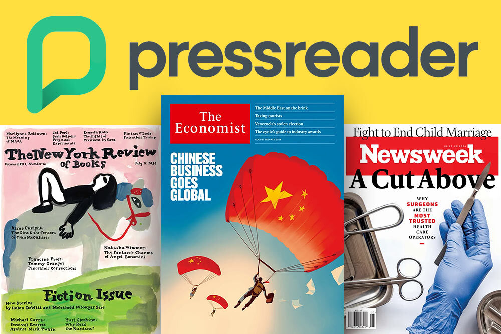 PressReader logo with sample magazines on yellow