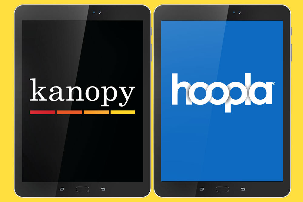 Kanopy and Hoopa and logos on tablets - streaming movies for free