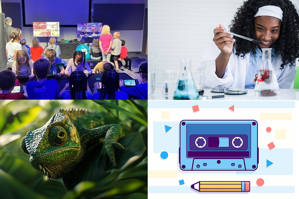 Teens STEAM events January 2025, showing a game truck, chemistry, music icons, and a lizard