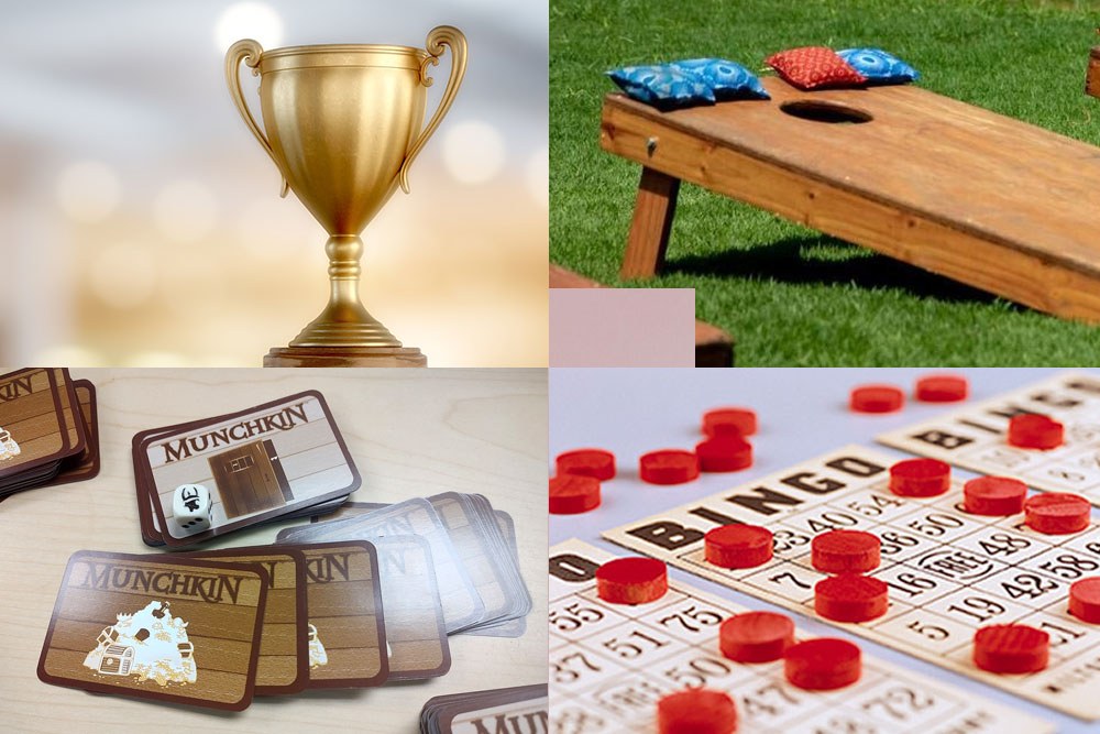 Teens competition events February 2025, showing a trophy, cornhole, bingo, and card games