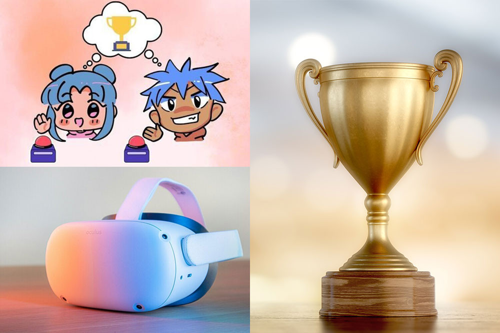 Teen competition events January 2025 - showing an anime trivia contest, VR goggles, and a winner's trophy