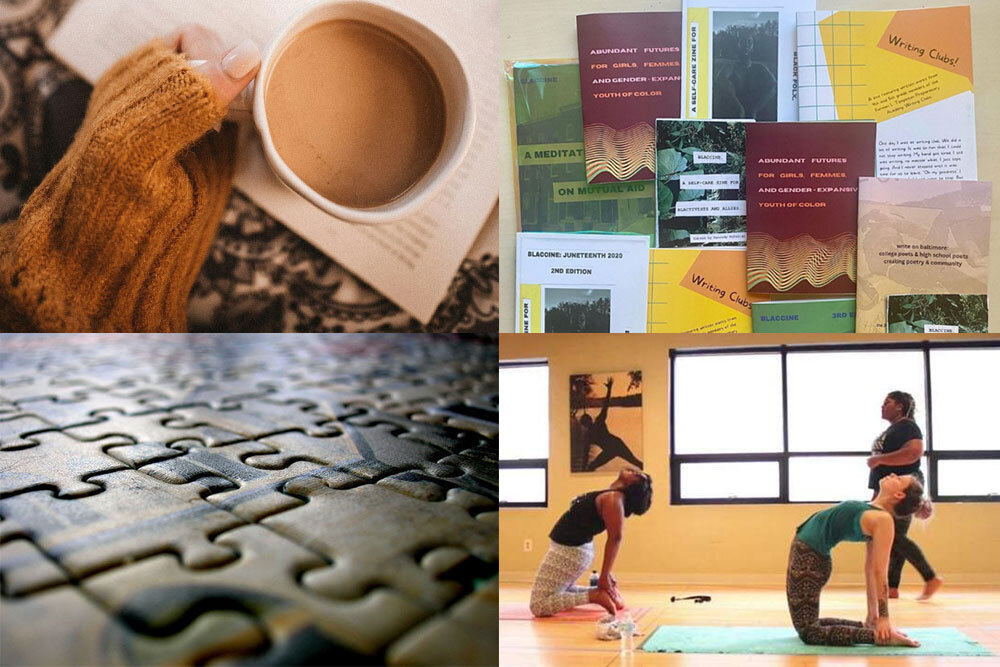 Teens events November 2024 - treat yourself - showing cozy cafe, zines, yoga, and puzzles