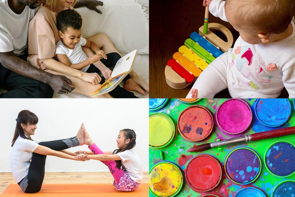 Young children early learning events January 2025, showing yoga, family stories, music and art exploration