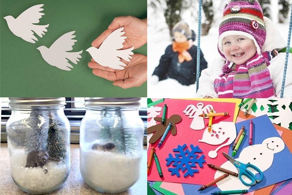 Young children winter fun events January 2025, showing peace doves, snowglobe jars, crafts, and winter joy