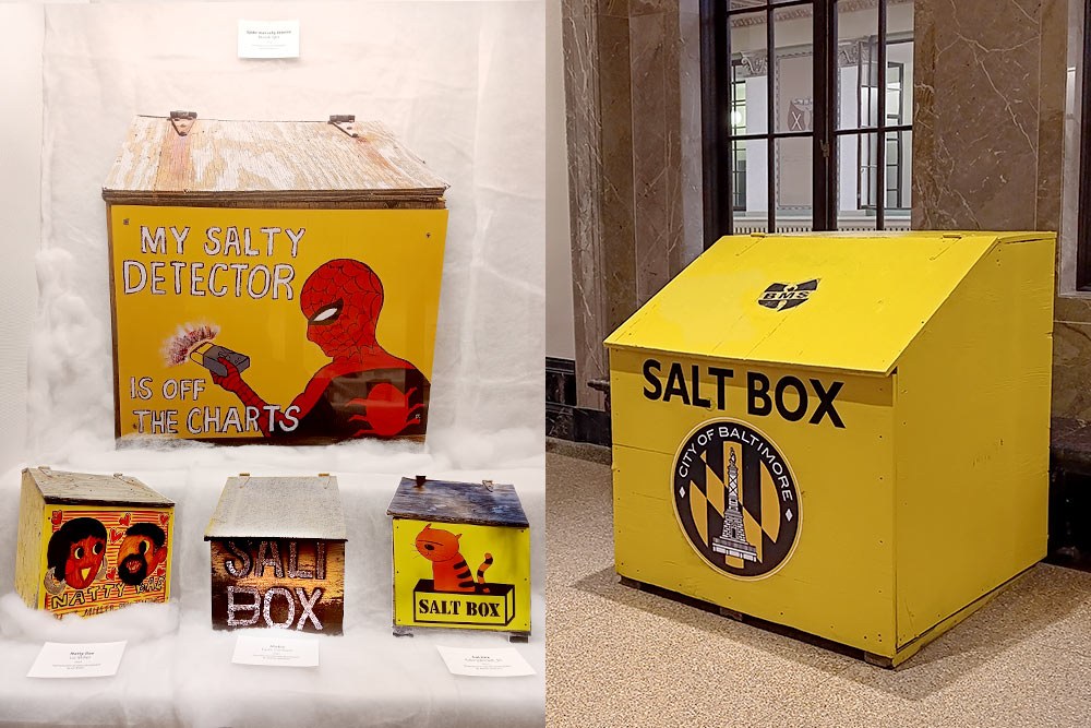 The Civic Pride of the Baltimore Salt Box exhibit - display case detail with four facsimiles, and giant Baltimore City salt box