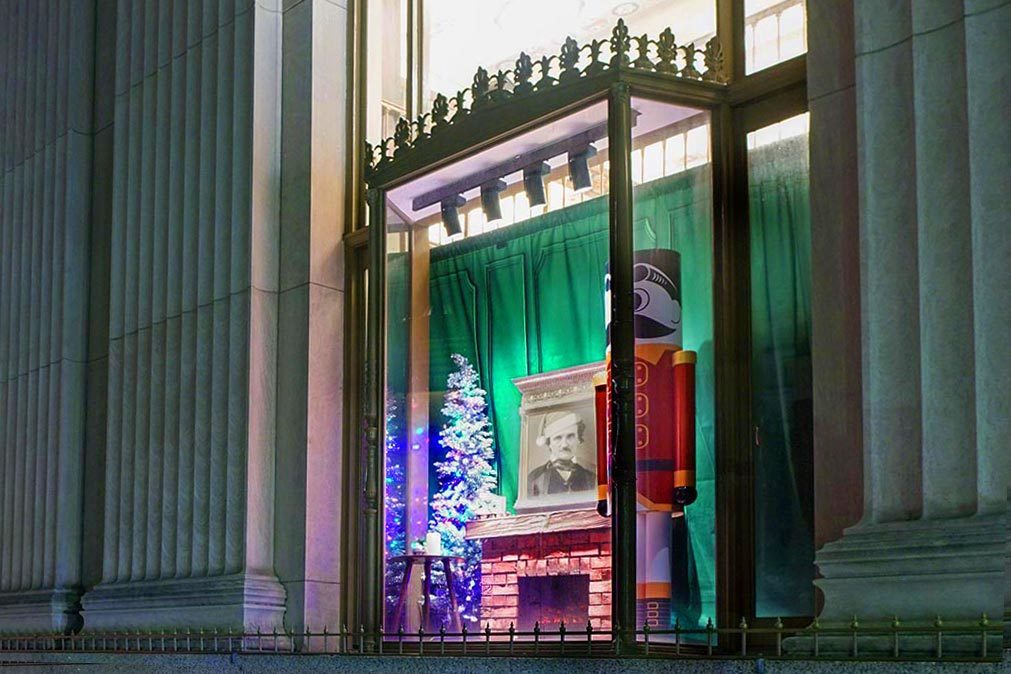 Central Library winter window scene with E.A.Poe and a Boh nutcracker