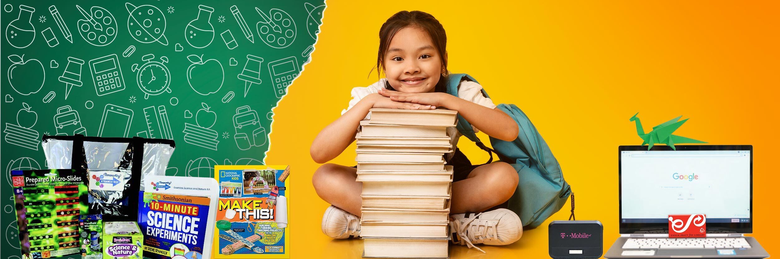 Back to School 2024 - a student surrounded by things to borrow form the Pratt Library