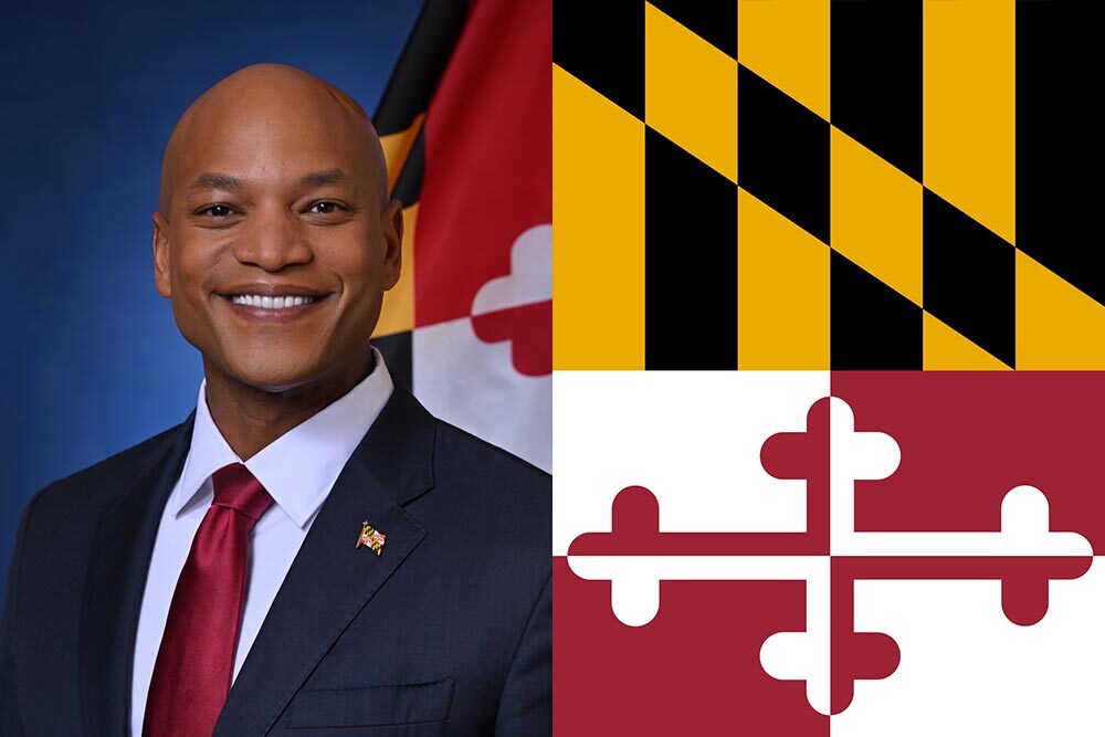 Maryland Governor Wes Moore and partial Maryland state flag