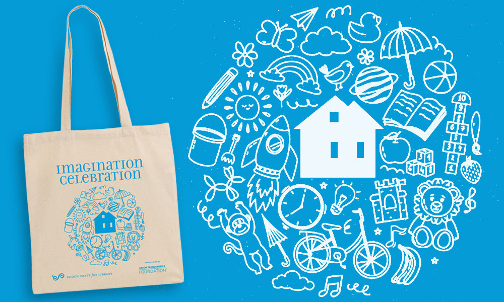 Imagination Kit totebag with artwork doodles on blue