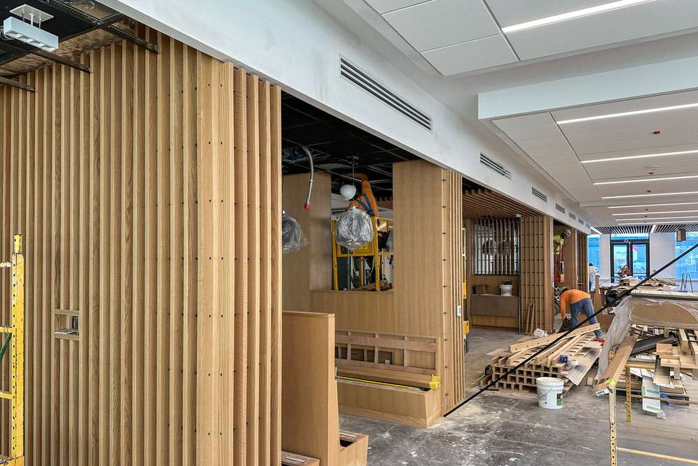 Johnston Square renovations with wooden wall supports and window