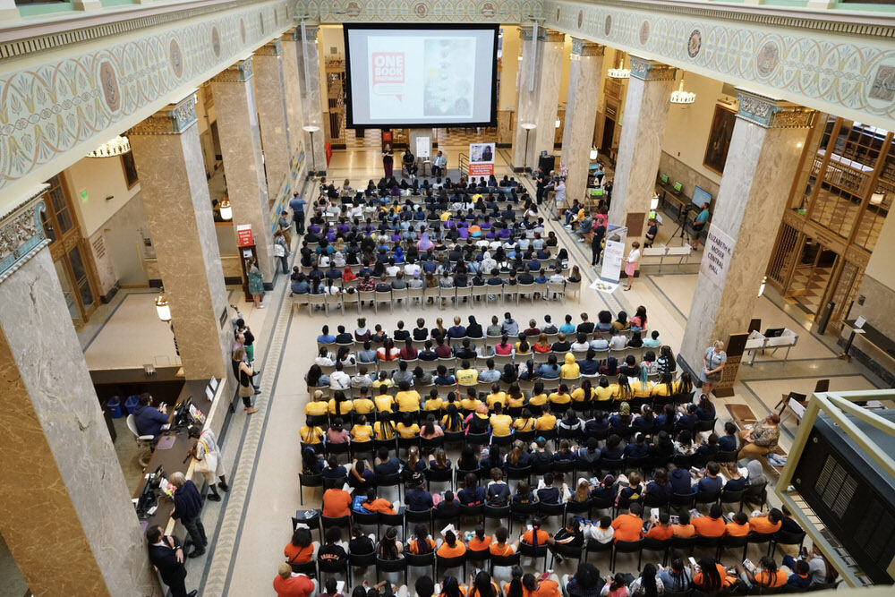 One Book Baltimore event in Central Hall - overhead view of the audience