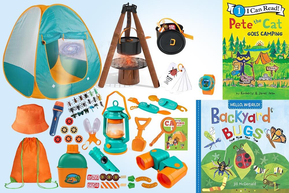 Kid's Camping Set: 50-piece Kid’s Camping Toy Set and the books Pete the Cat Goes Camping  and Hello, World! Backyard Bugs