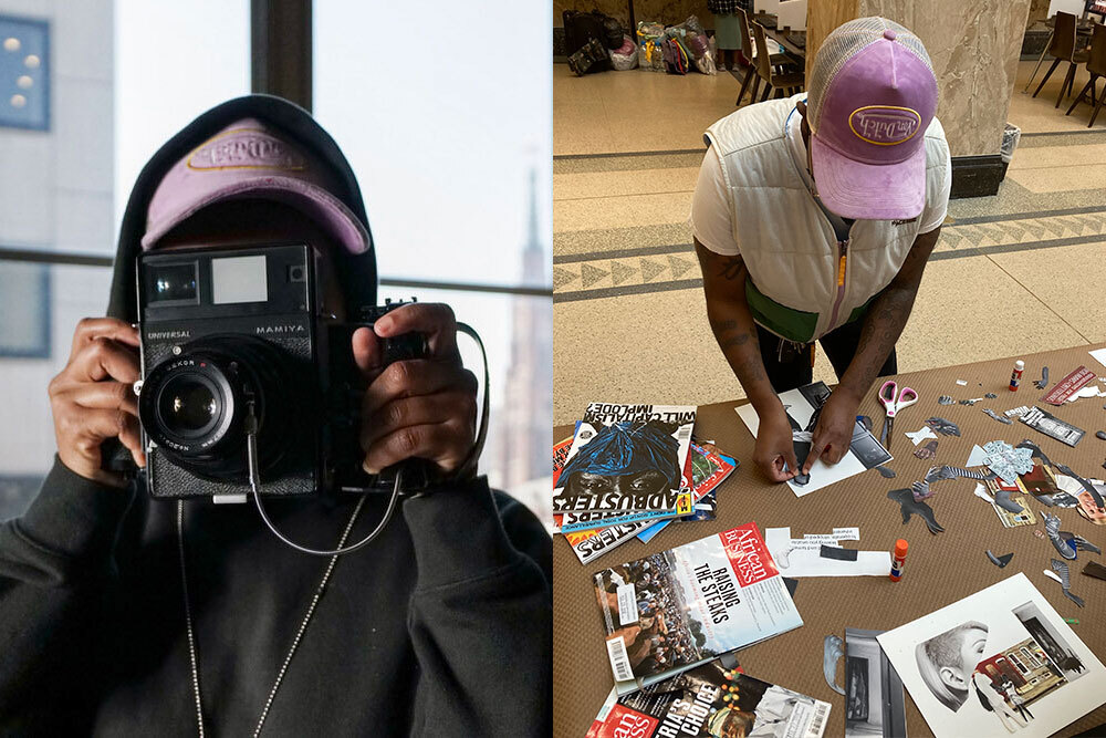 SHAN Wallace, Artist in Residence at Pratt Library with camera and collage table event