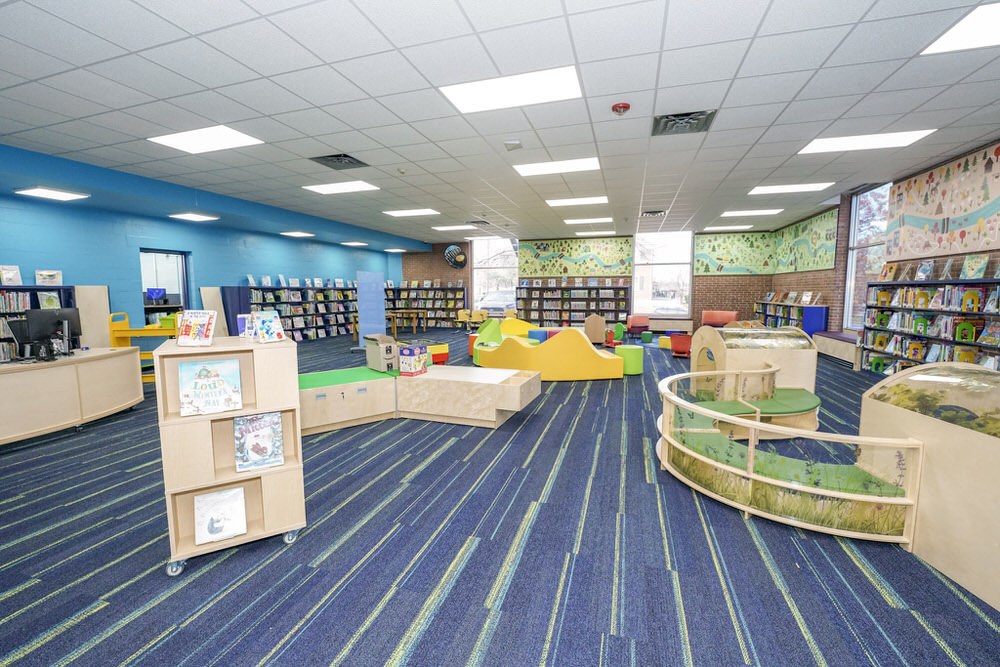 Herring Run Branch room view with curved children's play area and more